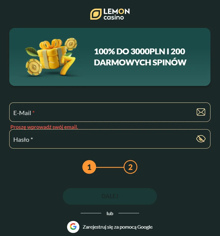 Formularz rejestracji Lemon Casino – Krok 2